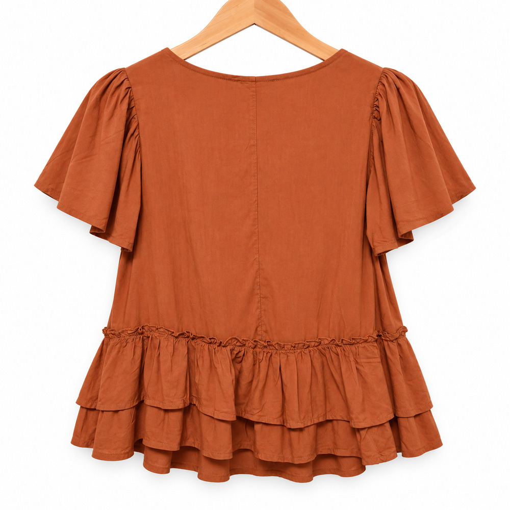 Rusttydustty Top Womens Size Medium Rust Brown Peplum Hem Bohemian Festival NWT - Picture 2 of 8